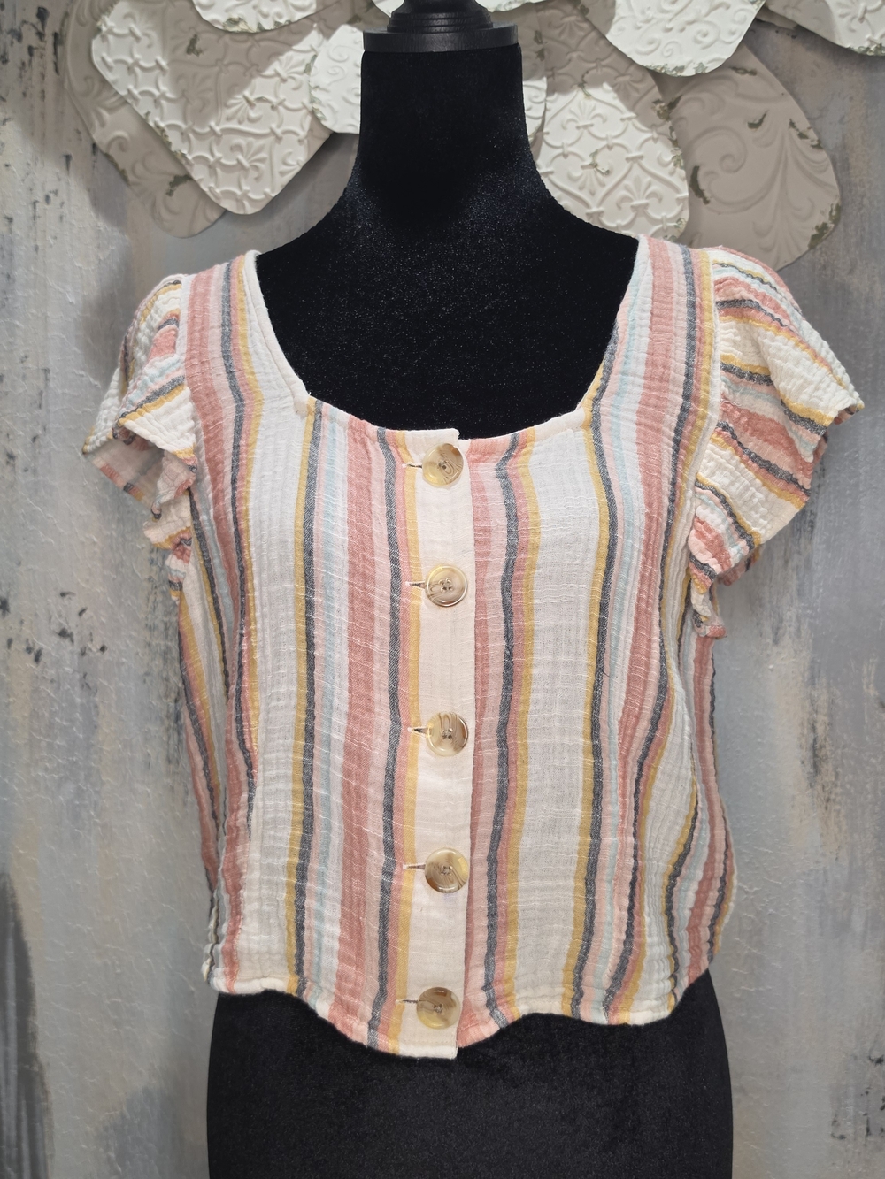 American Eagle Striped Button-Front Flutter Sleeve Top - Multi Pink Size PS
